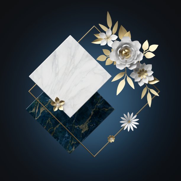 现代最小3d渲染。抽象的背景。大理石菱形板，白色和金色的纸花，复制空间。空白横幅，贺卡模型。几何形状和植物的排列。图片下载