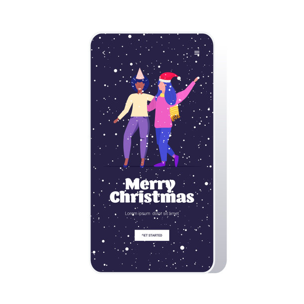 女孩在圣诞老人帽子有乐趣混合种族妇女拥抱圣诞快乐新年冬季节日庆祝概念智能手机屏幕在线移动应用全长贺卡图片下载