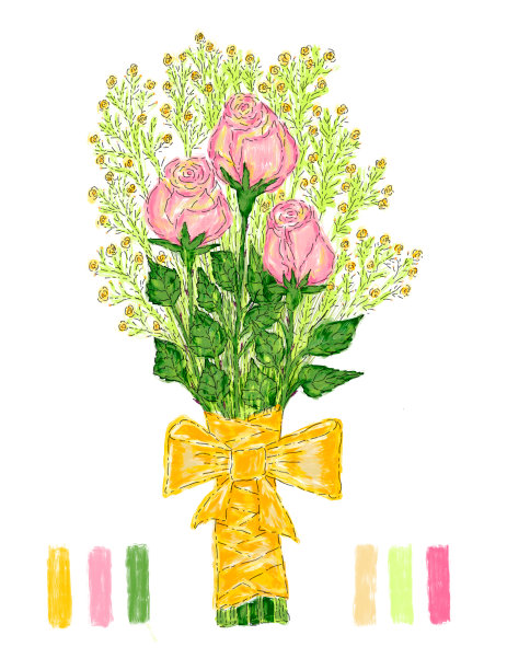 美丽的花束，精致的粉红色玫瑰和黄色丝带，为卡片或邀请插图图片下载