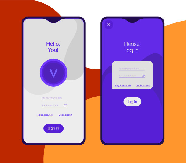 手机应用UI登录和注册屏幕模型工具包图片下载