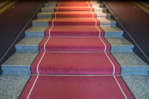 混凝土楼梯的正面视图。台阶上铺着红地毯。图片下载