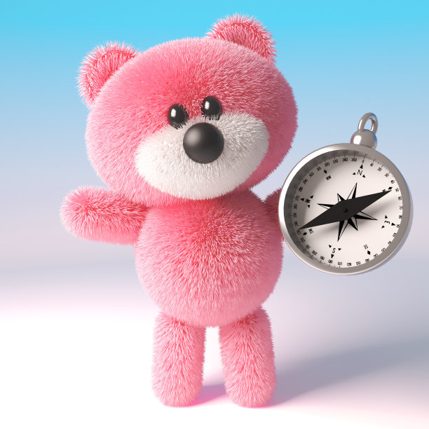 卡通可爱的3d毛绒粉色泰迪熊毛绒玩具人物拿着一个磁性指南针，3d插图图片下载