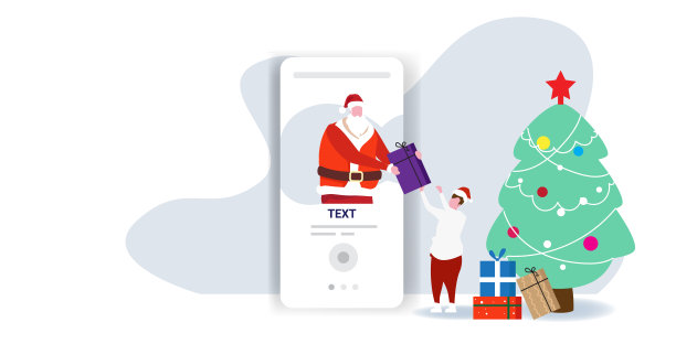 圣诞老人从智能手机屏幕上赠送礼物礼盒给小男孩在线手机应用“圣诞快乐，新年快乐”庆祝概念横全长图片下载