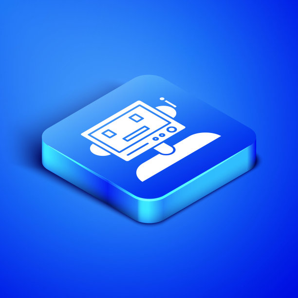 等距机器人图标隔离在蓝色背景。蓝色方块按钮。矢量图图片下载
