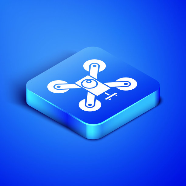 等距无人机飞行与行动摄像头图标隔离在蓝色背景。带有视频和照片相机符号的四轴飞行器。蓝色方块按钮。矢量图图片下载