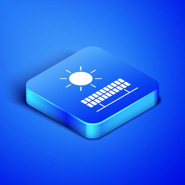 等距太阳能电池板和太阳图标孤立在蓝色背景。蓝色方块按钮。矢量图图片下载