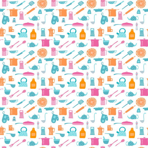 矢量无缝模式与厨房项目在复古风格。图片下载