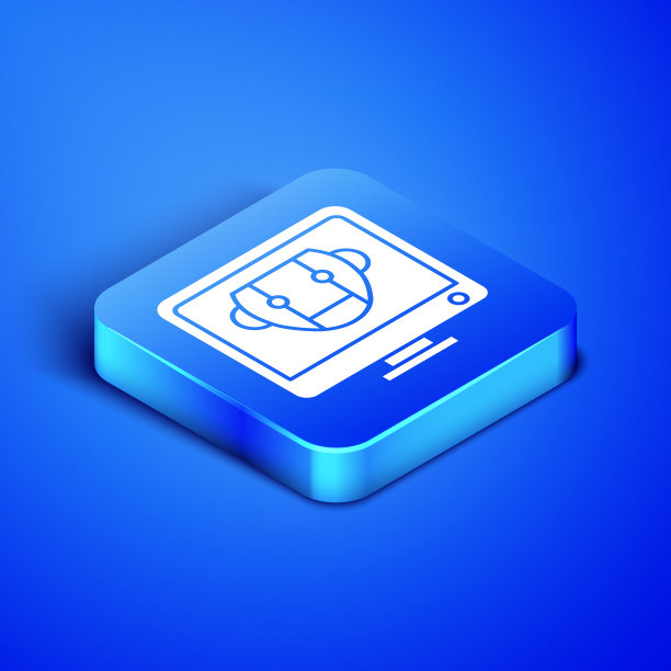 等距机器人图标隔离在蓝色背景。电脑显示器和机器人图标。蓝色方块按钮。矢量图图片下载