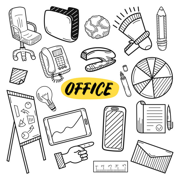 手绘办公室元素。孤立在一个白色。矢量插图。图片下载