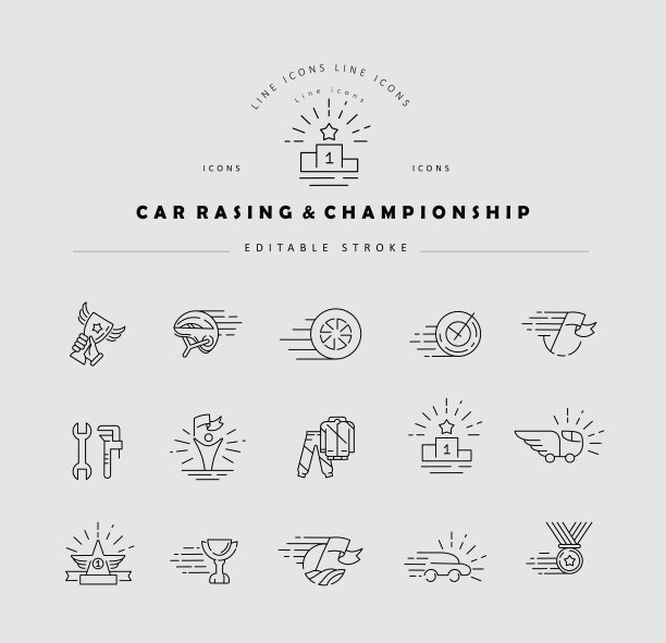 矢量图标和标志的赛车和锦标赛。可编辑大纲中风图片下载