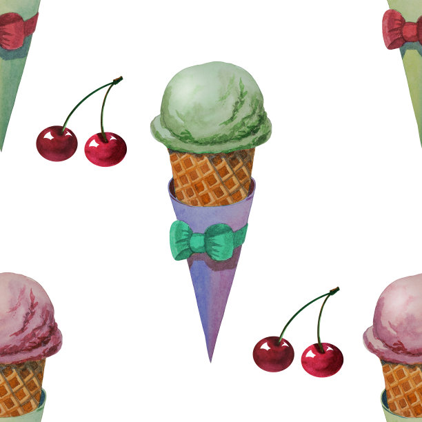 水彩无缝图案与美味的冰淇淋。手绘插图图片下载