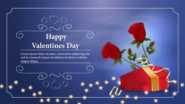 情人节问候横幅与空间为明信片设计装饰心形礼盒鲜花玫瑰花环灯泡图片下载