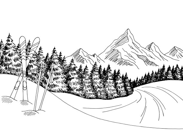 高山滑雪图形艺术黑白景观素描插图矢量图片下载