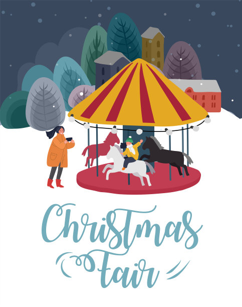 圣诞和新年节日集市与快乐的家庭在冬季城市。妈妈拍下女儿骑着小马的照片图片下载