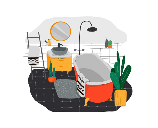 斯堪的纳维亚或北欧风格的室内设计。手绘斯堪的纳维亚，风格舒适的浴室与家植物。卡通图片下载