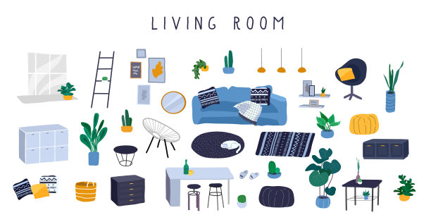 时尚舒适的家具和现代家居装饰设置在时尚的斯堪的纳维亚或hygge风格。舒适的室内客厅或公寓家具家庭植物。平的卡通向量图片下载