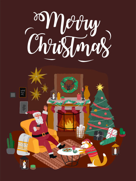 圣诞卡片，家居装饰，圣诞老人和宠物。斯堪的纳维亚室内可爱的猫和狗穿着服装。Hygge的插图和新年排版图片下载