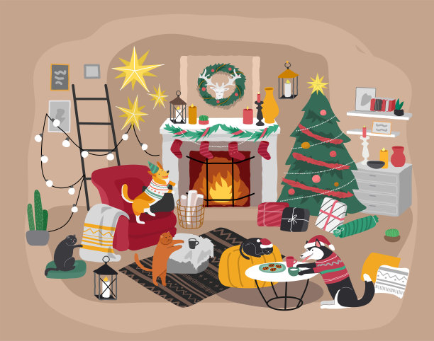 用宠物装饰的圣诞家居。斯堪的纳维亚室内可爱的猫和狗穿着圣诞服装。舒适的冬季假期。Hygge的插图和新年排版图片下载