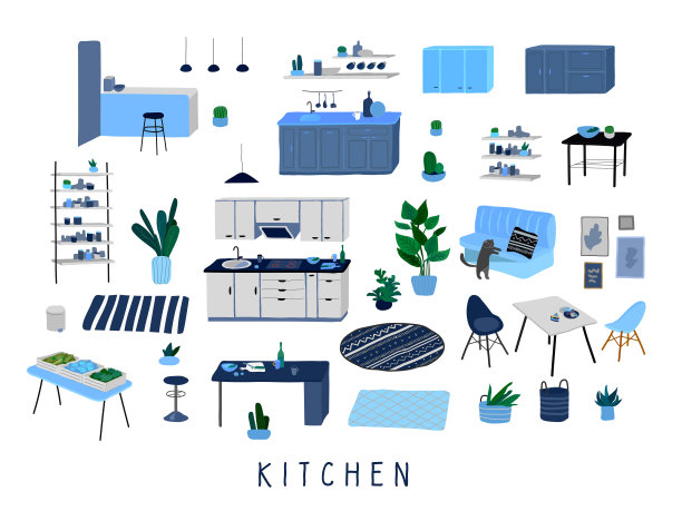 厨房或餐厅设置时尚舒适的家具和现代家居装饰时尚的斯堪的纳维亚或hygge风格。舒适的室内装饰家庭植物。平的卡通向量图片下载