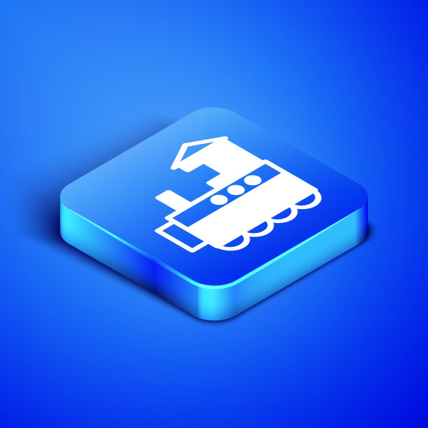 等距玩具火车图标孤立在蓝色背景。蓝色方块按钮。矢量图图片下载