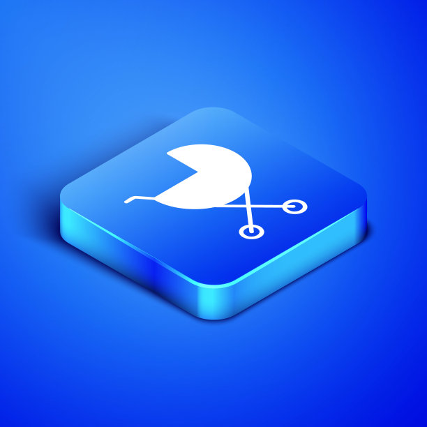 等距婴儿车图标孤立在蓝色背景。婴儿车，手推车，婴儿车，手推车，手推车。蓝色方块按钮。矢量图图片下载