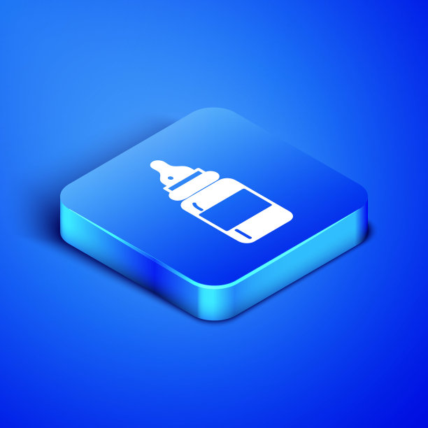 等距婴儿瓶图标孤立在蓝色背景。奶瓶图标。牛奶瓶的迹象。蓝色方块按钮。矢量图图片下载