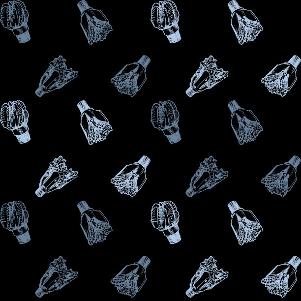 石油和天然气行业。钻头。黑色背景上的灰色。元素的规则分布。Seampless模式。图片下载