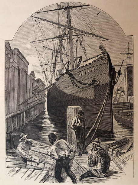 古董插图-纽约1881 -在码头的一艘远洋轮船图片下载