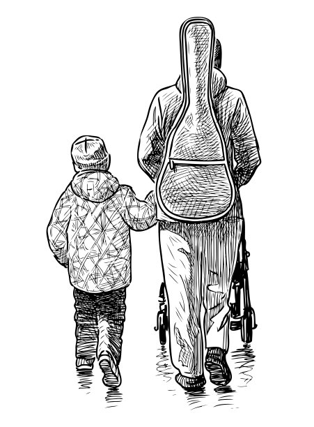 女子吉他手的素描与婴儿车和儿子走在街上图片下载