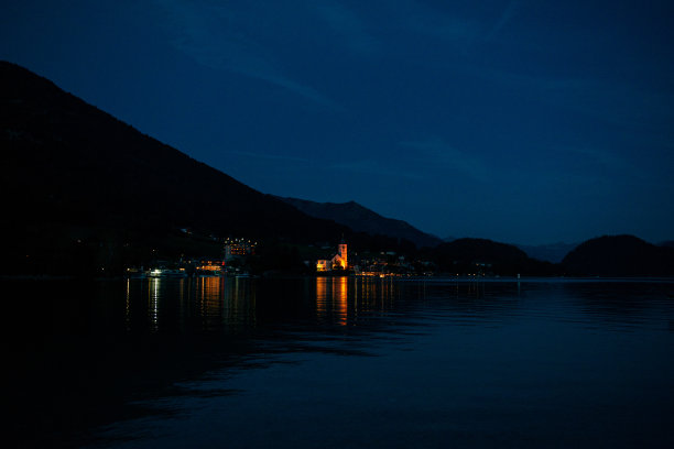 夜晚，湖对岸的灯光图片下载
