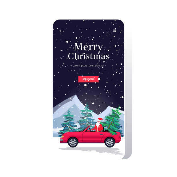 圣诞老人开车带着冷杉树圣诞快乐新年节日庆祝概念智能手机屏幕在线移动应用程序贺卡复制空间图片下载