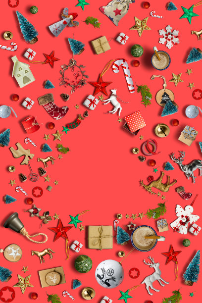 圣诞框架假日背景装饰和装饰品在红色的桌子上。图片下载