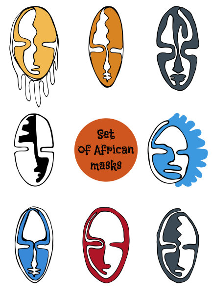 一套非洲面具轮廓轮廓矢量插图图片下载