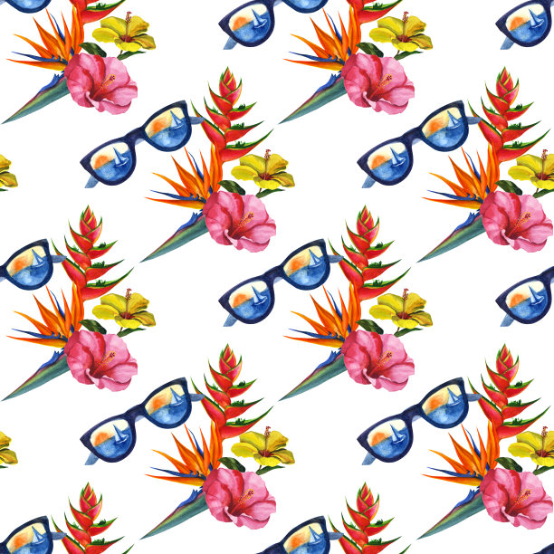 水彩热带异域无缝图案。手绘花卉插画图片下载