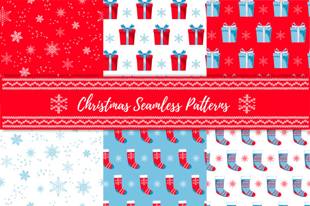 一套圣诞无缝图案与袜子，礼物和雪花在红色，蓝色和白色的颜色。寒假几何背景收集。矢量10 EPS插图。图片下载