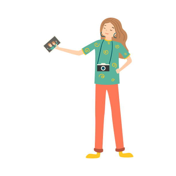 女孩与照片相机站着，并持有照片矢量插图图片下载