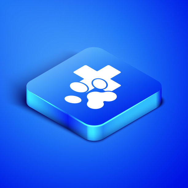 等距兽医诊所符号图标孤立在蓝色背景。十字医院的迹象。程式化的爪印狗或猫。宠物急救标志。蓝色方块按钮。矢量图图片下载