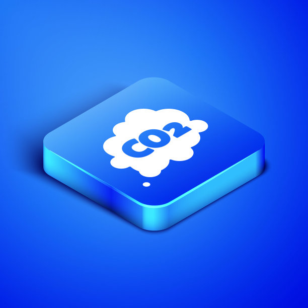 等距二氧化碳排放量在云图标孤立在蓝色背景。二氧化碳公式符号，烟雾污染概念，环境概念。蓝色方块按钮。矢量图图片下载