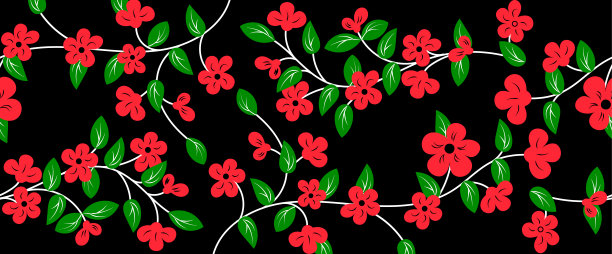 无缝的花卉图案。装饰抽象花卉手绘。枝头红花，绿叶。孤立在黑色背景上。矢量图图片下载