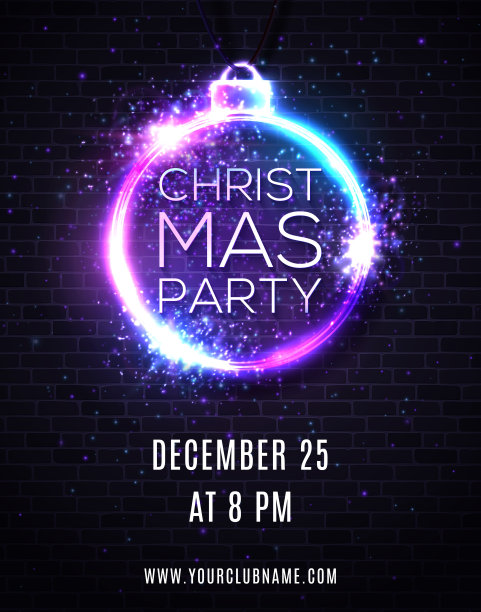 圣诞晚会的夜晚背景与灯光烟花闪烁。圣诞装饰造型霓虹招牌。电子节日舞会或装饰品。邀请海报海报设计模板在砖墙上。80年代风格的向量。图片下载