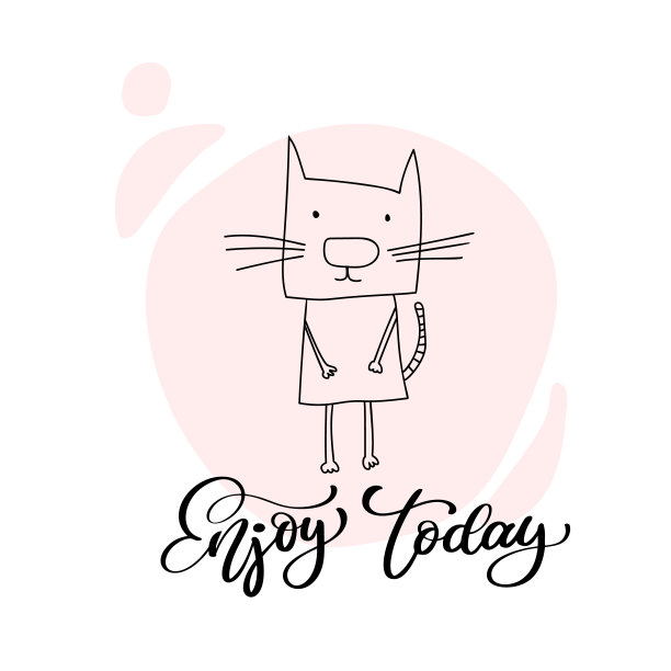 向量可爱的猫在粉红色的背景。古董书法手写文字享受今天。横幅，贺卡，斯堪的纳维亚涂鸦插图图片下载
