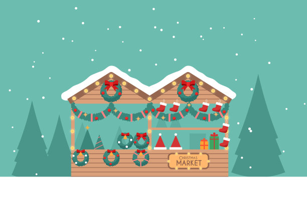 圣诞市场贺卡与商店在蓝绿色的背景图片下载