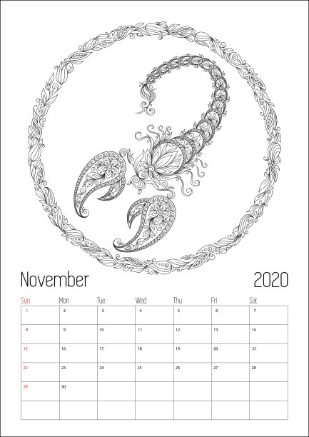 2020抗压力星座日历，涂鸦插图。图片下载