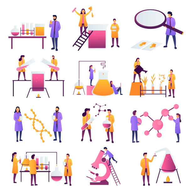 从事科学、医学、化学或生物实验室实验工作的科学家。生物、物理、化学教育理念。工程师进行研究和实验。——股票向量图片下载