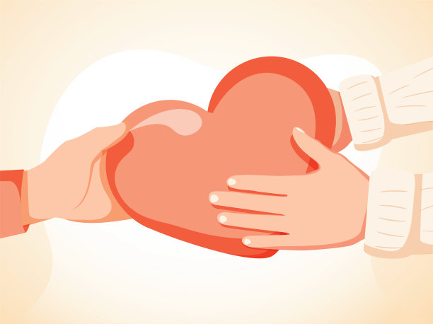 卡通矢量插图的手持有一个心的图标从手传递到手。物体在白色背景上。图片下载