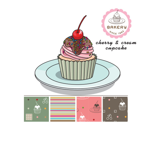 纸杯蛋糕草莓奶油糖樱桃巧克力矢量插图图片下载