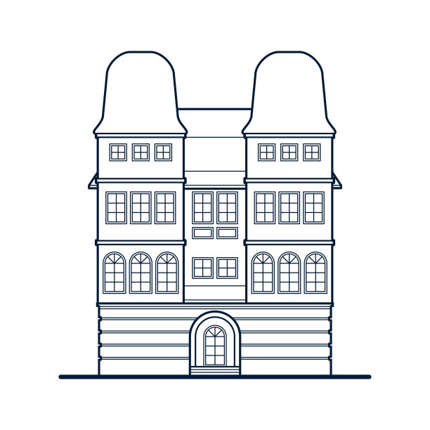 有两座塔的经典房子。前视图。深蓝色的轮廓图。图片下载