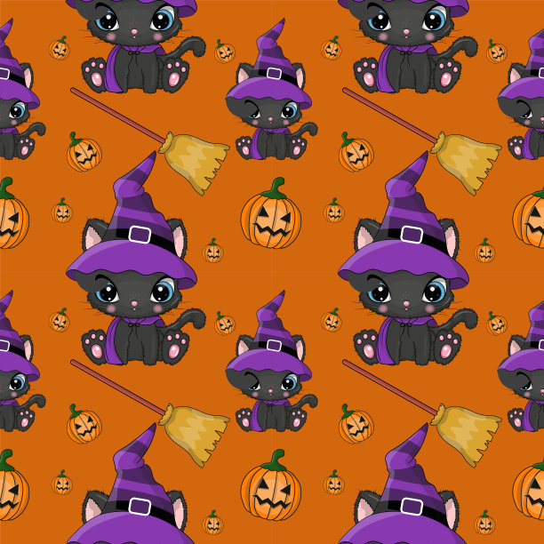 可爱的万圣节插图卡通猫与南瓜无缝图案图片下载