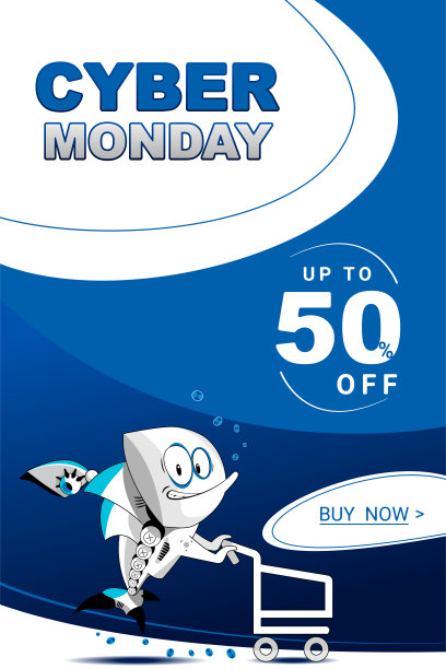 手绘人物网络鱼，水环境，气泡。可爱的插图，平面风格。网络星期一，网络横幅，海报，网上业务，广告。现在购买按钮。垂直方向。图片下载