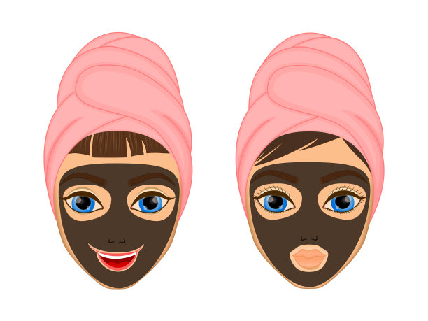 女孩用各种行动关心和保护她的脸，面部，治疗，美容，健康，卫生，生活方式，设置，在毛巾，黑色面具，图片下载